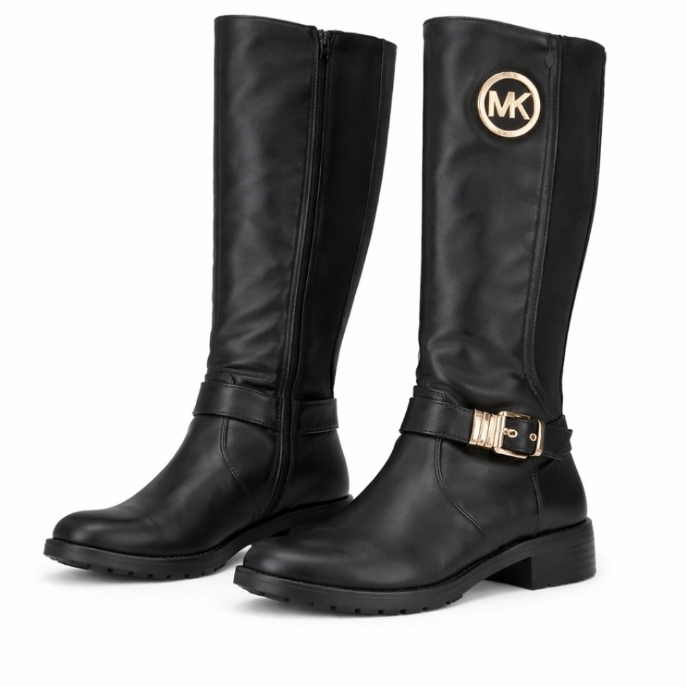 Michael Kors Tall Riding Boots Black Gold Logo Medallion Harness Buckle Sz 7 - Picture 1 of 6